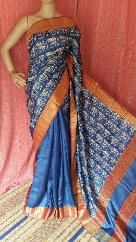 Blue Orange  Block Printed Zari Border Pure Silk Mark Certified Tussar Silk Sarees - Dailybuyys