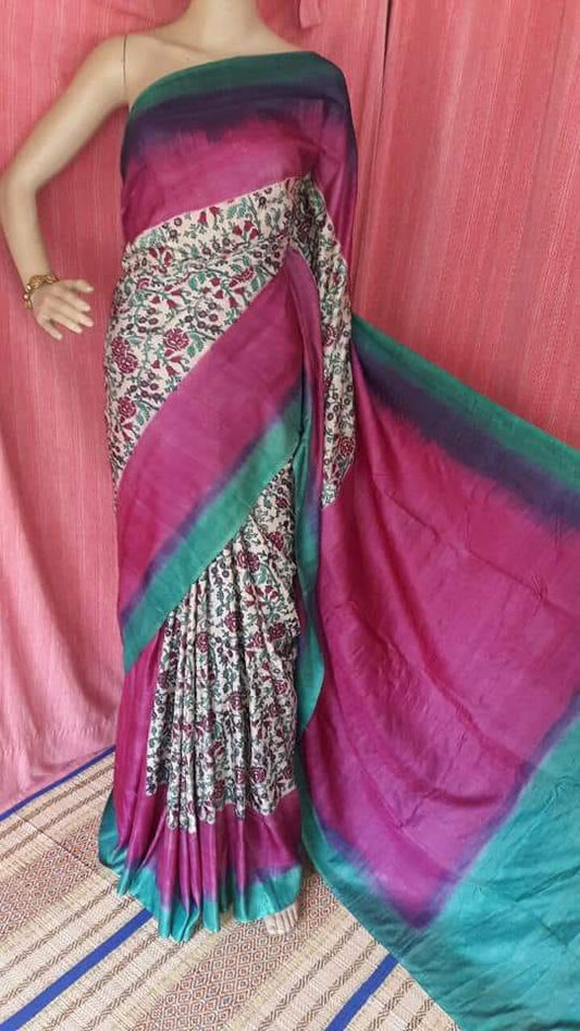 Purple Beige Zari Block Printed  Zari Border Pure Silk Mark Certified Tussar Silk Sarees - Dailybuyys