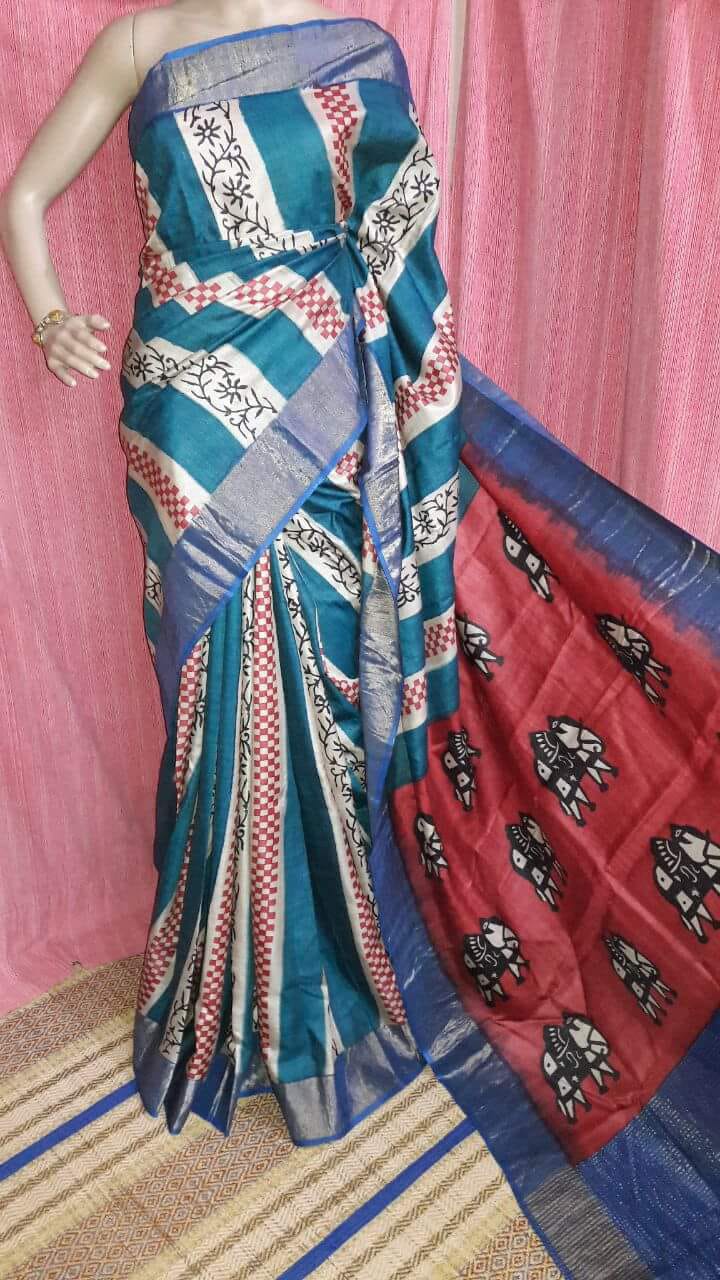 Green Beige Zari Block Printed  Zari Border Pure Silk Mark Certified Tussar Silk Sarees - Dailybuyys
