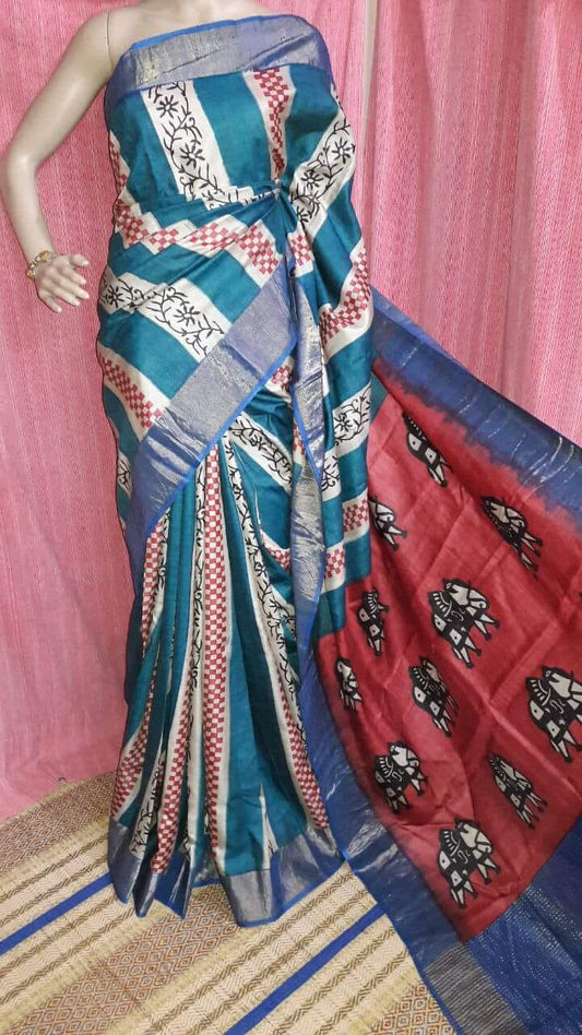 Green Beige Zari Block Printed  Zari Border Pure Silk Mark Certified Tussar Silk Sarees - Dailybuyys