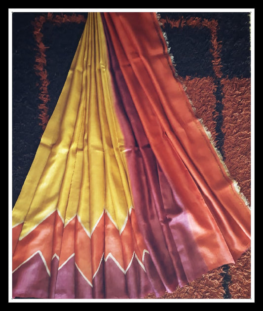 Purple Yellow Zari Block Printed  Zari Border Pure Silk Mark Certified Tussar Silk Sarees - Dailybuyys