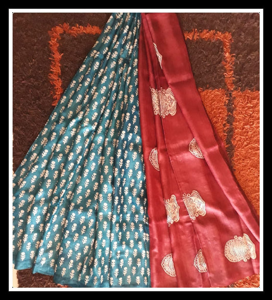 Red Blue Zari  Block Printed Zari Border Pure Silk Mark Certified Tussar Silk Sarees - Dailybuyys