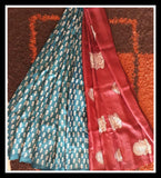 Red Blue Zari  Block Printed Zari Border Pure Silk Mark Certified Tussar Silk Sarees