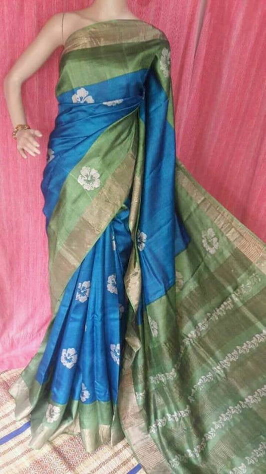 Blue Green  Block Printed Zari Border Pure Silk Mark Certified Tussar Silk Sarees - Dailybuyys