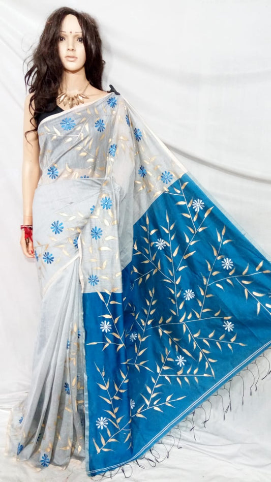 White Blue Pure Cotton Silk Sarees - Dailybuyys