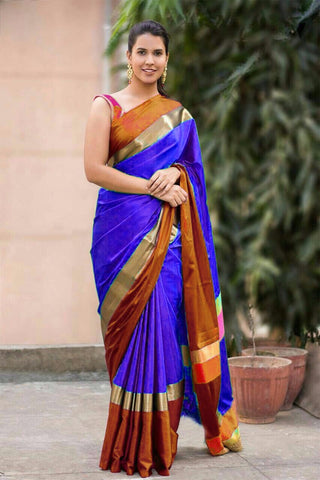 Blue Brown Pure Cotton Silk Sarees Get Extra 10% Discount on All Prepaid Transaction