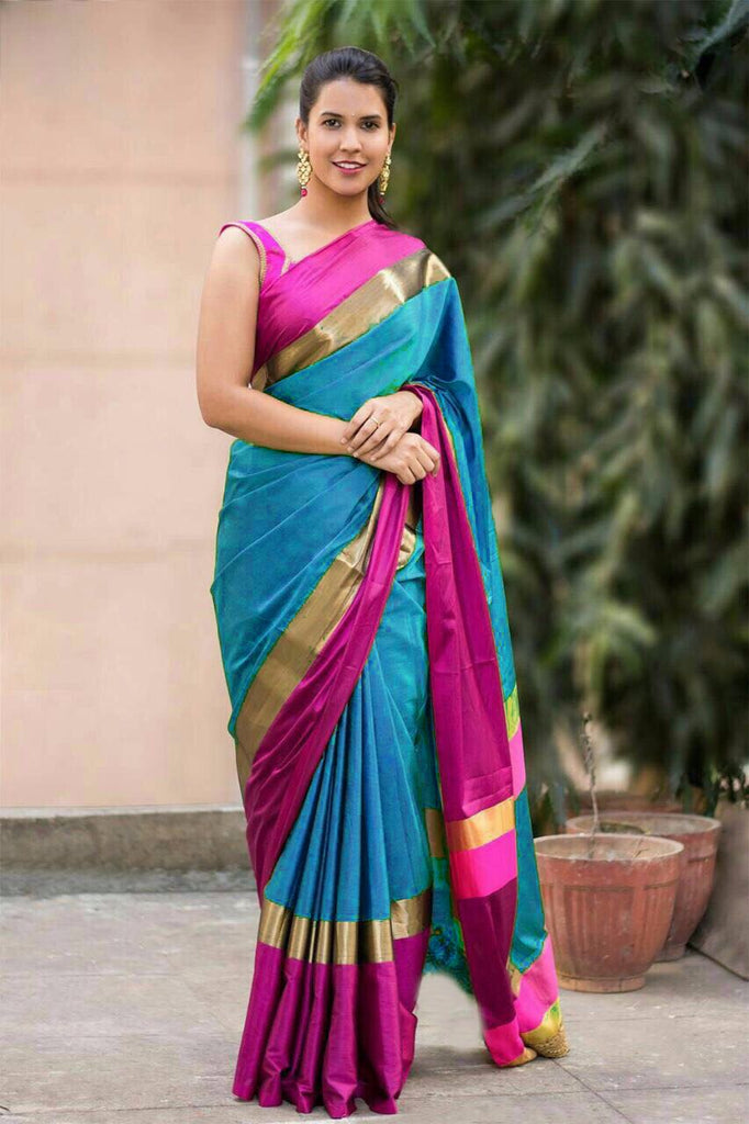 Blue Purple Pure Cotton Silk Sarees Get Extra 10% Discount on All Prepaid Transaction