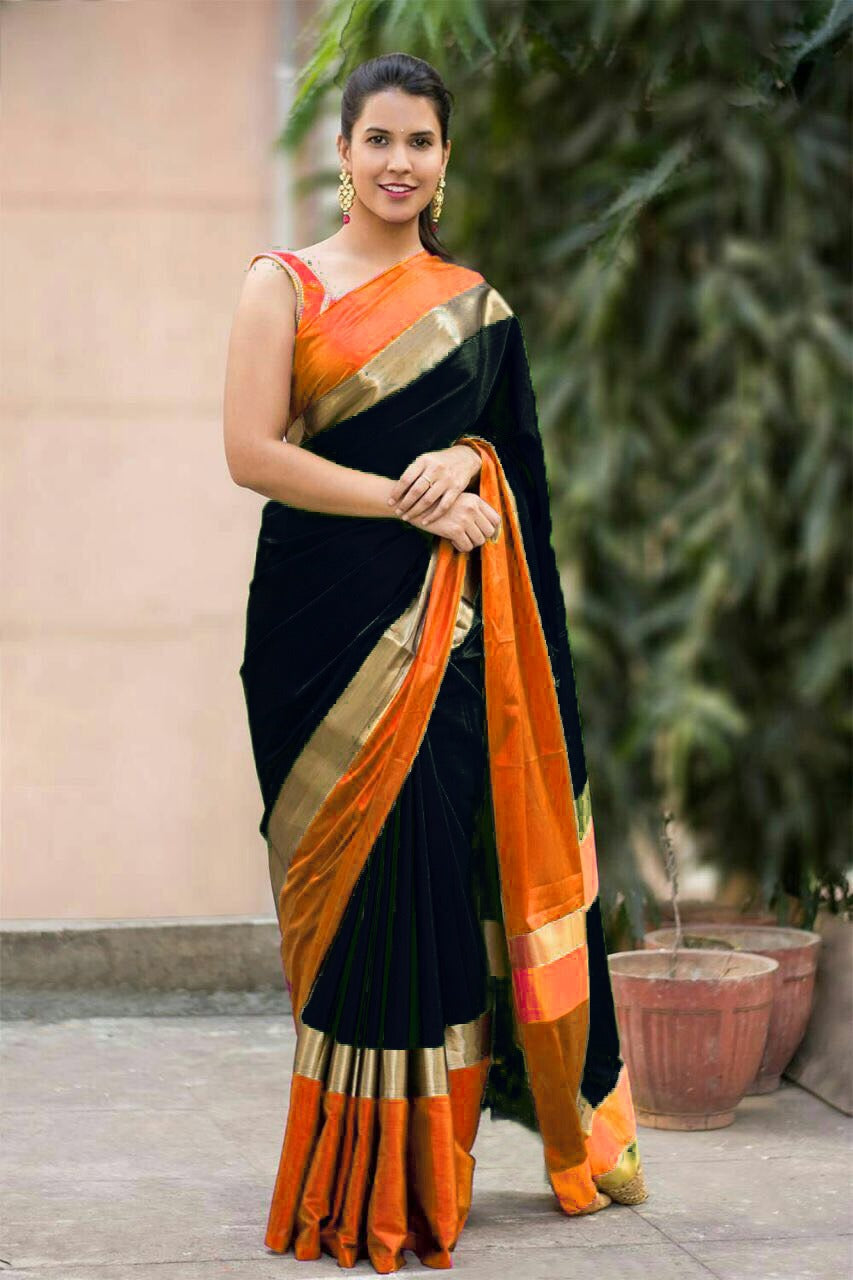 Black Orange Pure Cotton Silk Sarees - Dailybuyys