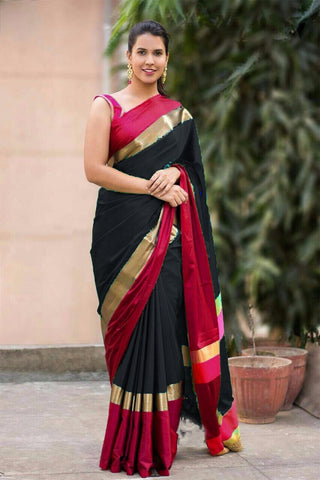 Black Maroon Pure Cotton Silk Sarees Get Extra 10% Discount on All Prepaid Transaction