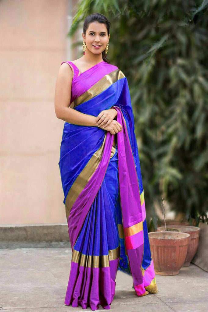 Blue Purple Pure Cotton Silk Sarees Get Extra 10% Discount on All Prepaid Transaction