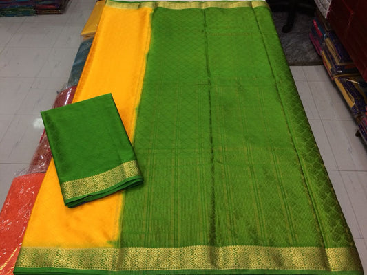Green Yellow Pure Silk Sarees - Dailybuyys