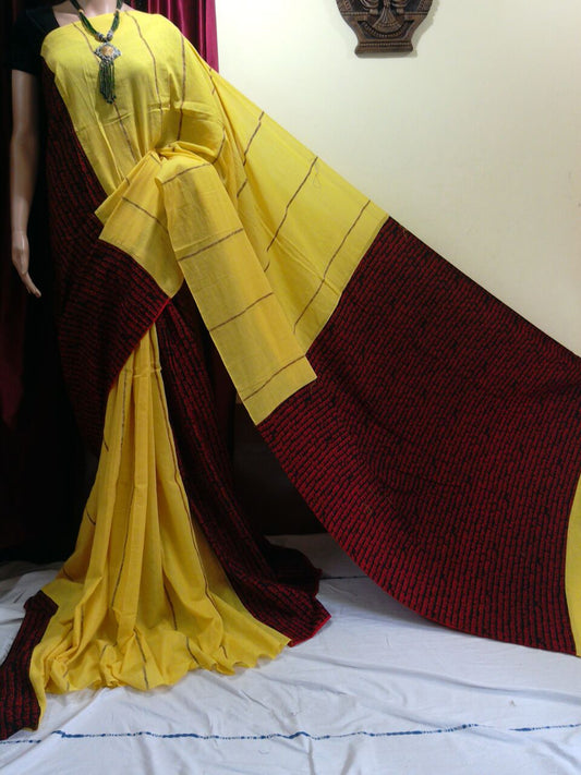 Yellow Maroon Pure Cotton Khesh Sarees - Dailybuyys