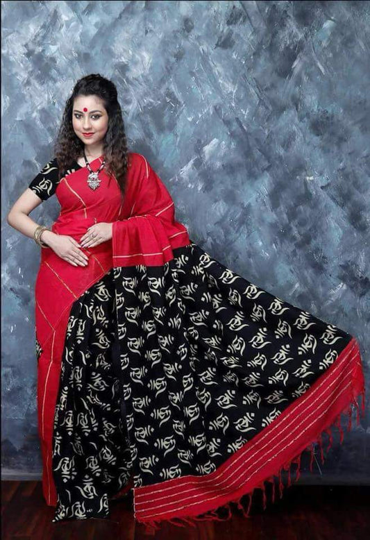 Red Black Pure Cotton Khesh Sarees - Dailybuyys