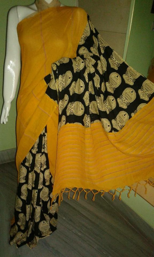 Yellow Black Pure Cotton Khesh Sarees - Dailybuyys