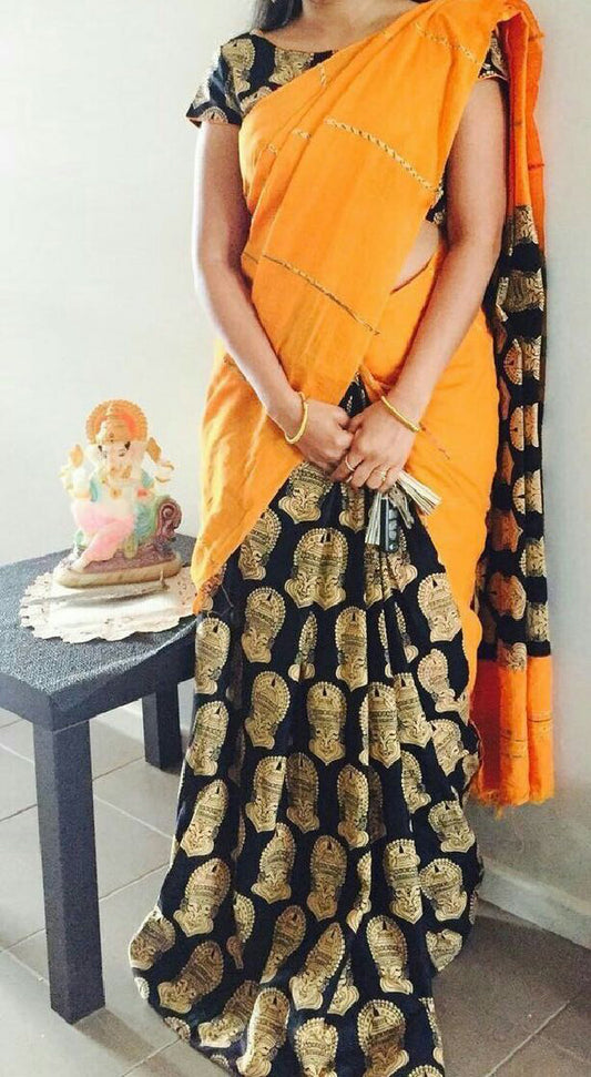 Orange Black Pure Cotton Khesh Sarees - Dailybuyys