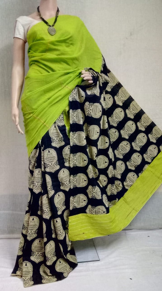 Green Black Pure Cotton Khesh Sarees - Dailybuyys