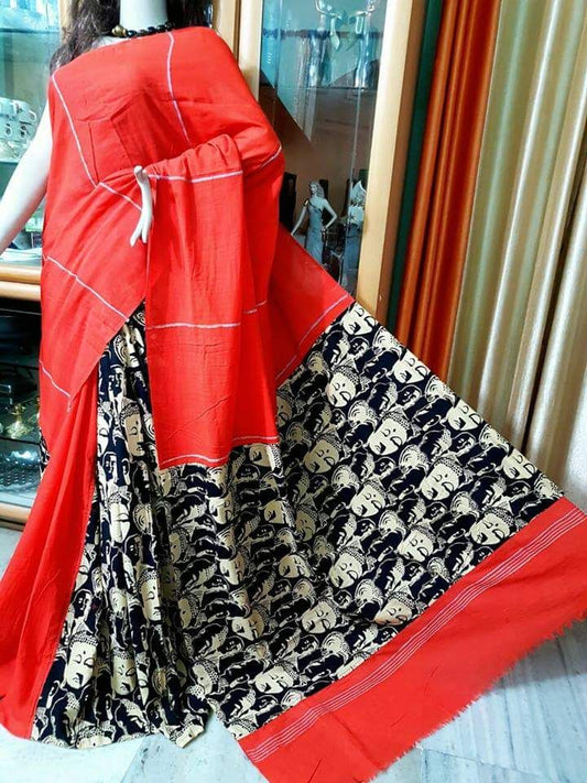 Red Black Pure Cotton Khesh Sarees - Dailybuyys