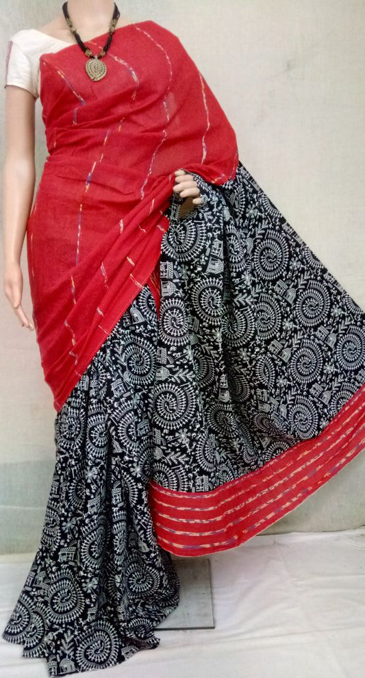 Red Black Pure Cotton Khesh Sarees - Dailybuyys