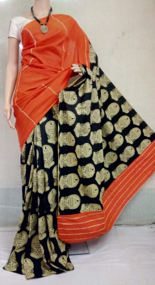 Orange Black Pure Cotton Khesh Sarees - Dailybuyys