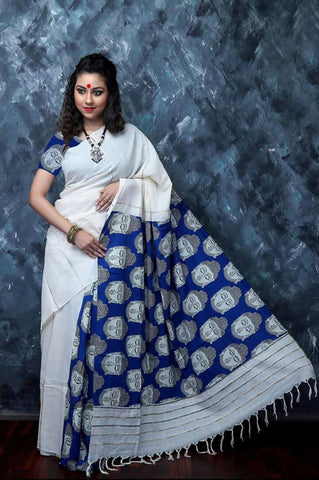 White Blue Pure Cotton Khesh Sarees Get Extra 10% Discount on All Prepaid Transaction