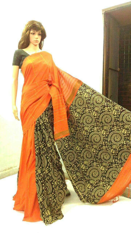 Orange Black Pure Cotton Khesh Sarees - Dailybuyys