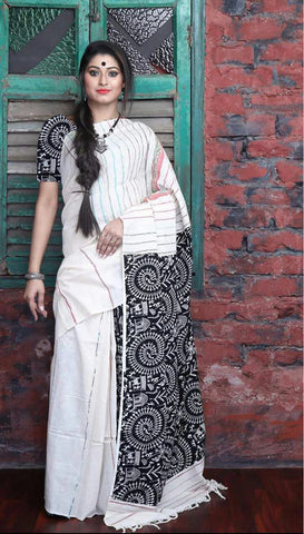 White Black Pure Cotton Khesh Sarees Get Extra 10% Discount on All Prepaid Transaction