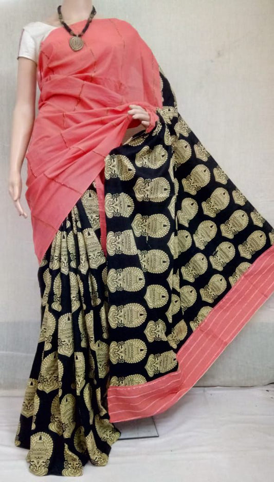 Pink Black Pure Cotton Khesh Sarees - Dailybuyys