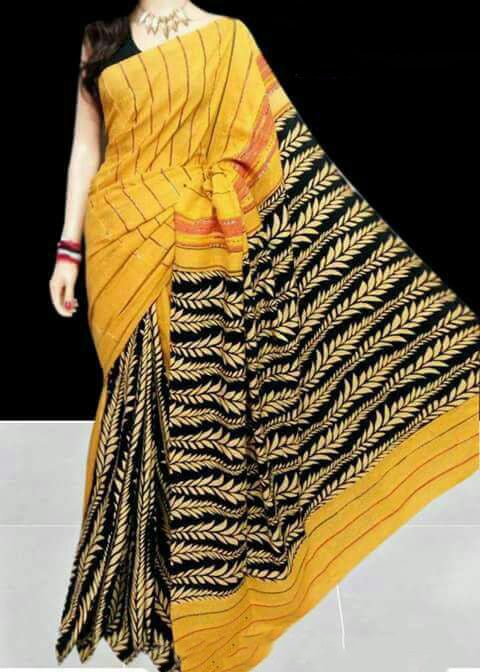 Yellow Black Pure Cotton Khesh Sarees - Dailybuyys