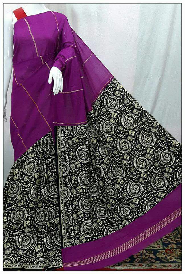 Violet Black Pure Cotton Khesh Sarees - Dailybuyys