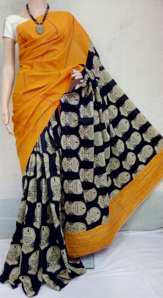 Yellow Black Pure Cotton Khesh Sarees - Dailybuyys