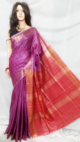 Purple Red Pure Silk Mark Certified Tussar Ghicha Silk Sarees