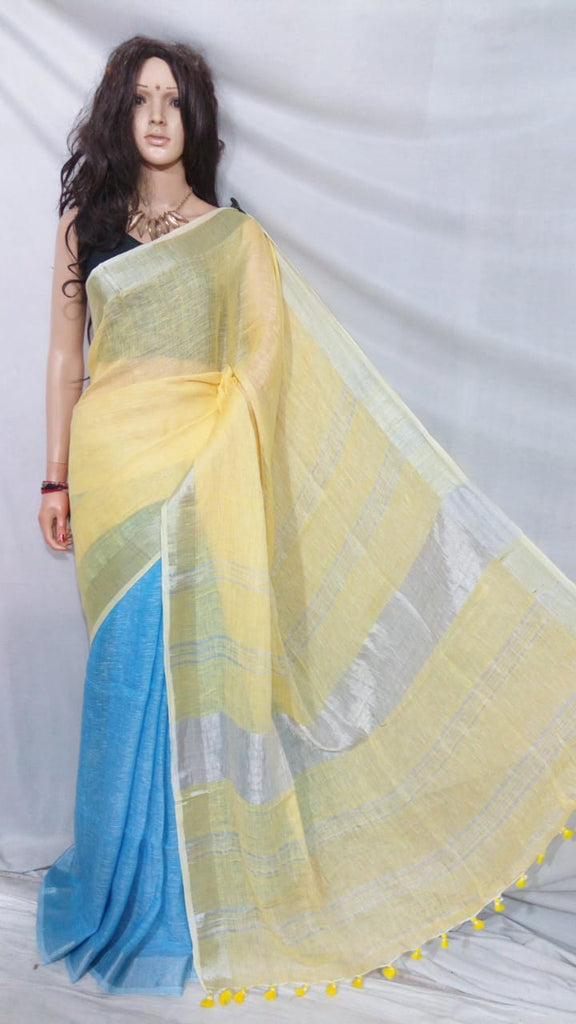 Yellow Blue 80 Count Pure Linen Sarees