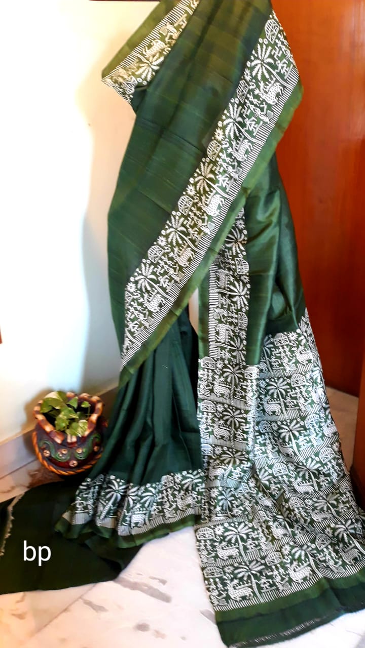 Green Coconut Hand Block Printed Pure Silk Mark Certified Tussar Silk Sarees - Dailybuyys