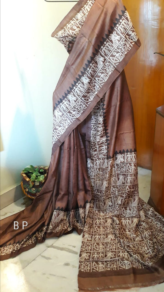 Brown Block Printed Pure Silk Mark Certified Tussar Silk Sarees - Dailybuyys