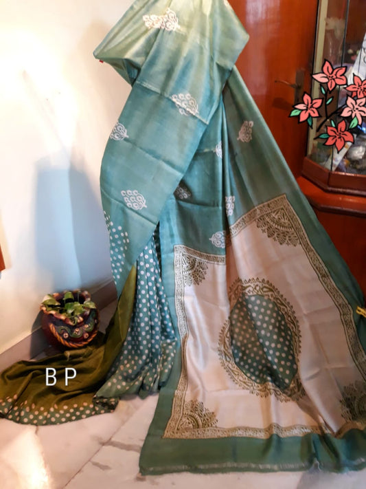 Blue  Block Printed Zari Border Pure Silk Mark Certified Tussar Silk Sarees - Dailybuyys