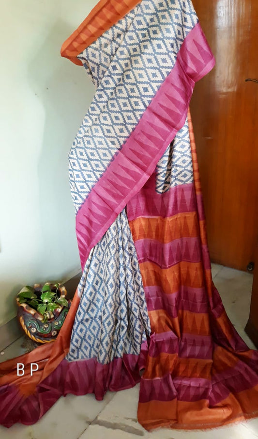 Purple White  Zari KK  Block PrintedZari Border Pure Silk Mark Certified Tussar Silk Sarees - Dailybuyys