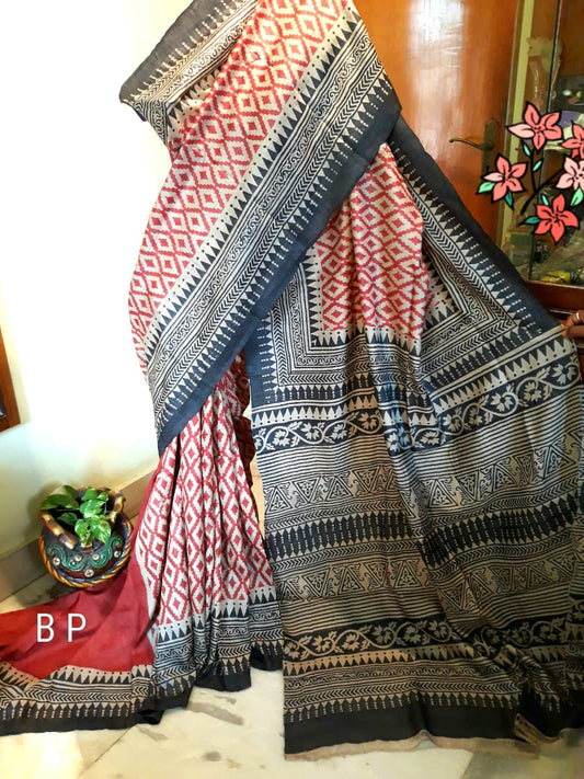 Grey Red  Zari KK  Block Printed Zari Border Pure Silk Mark Certified Tussar Silk Sarees - Dailybuyys