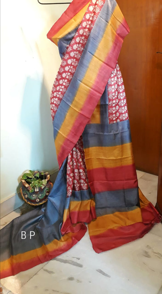 Grey Red  Zari KK  Block Printed Zari Border Pure Silk Mark Certified Tussar Silk Sarees - Dailybuyys