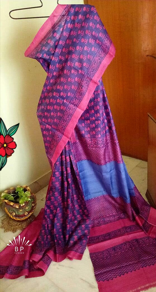 Violet Red  Zari KK  Block Printed Zari Border Pure Silk Mark Certified Tussar Silk Sarees - Dailybuyys