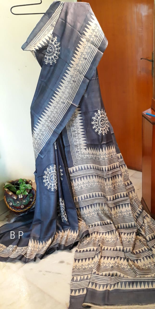 Grey  Zari KK  Block Printed Zari Border Pure Silk Mark Certified Tussar Silk Sarees - Dailybuyys