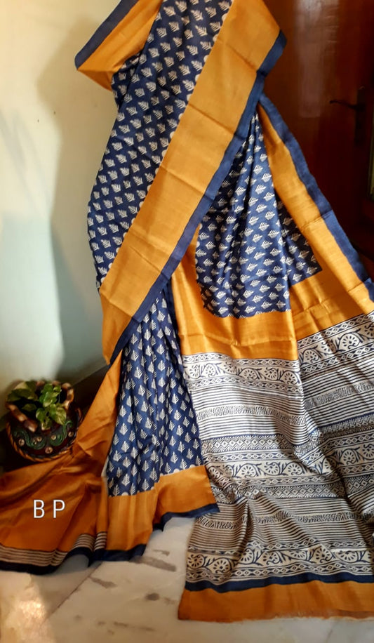 Blue Yellow  Zari KK  Block Printed Zari Border Pure Silk Mark Certified Tussar Silk Sarees - Dailybuyys