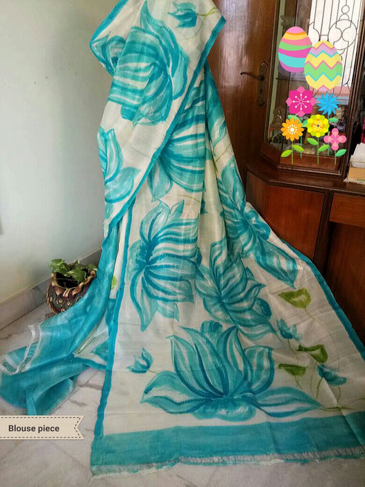 Blue White  Hand Painted Zari Border Pure Silk Mark Certified Tussar Silk Sarees - Dailybuyys