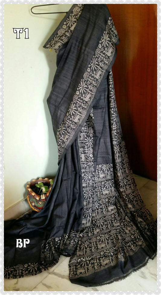 Black Block Printed  Zari Border Pure Silk Mark Certified Tussar Silk Sarees - Dailybuyys