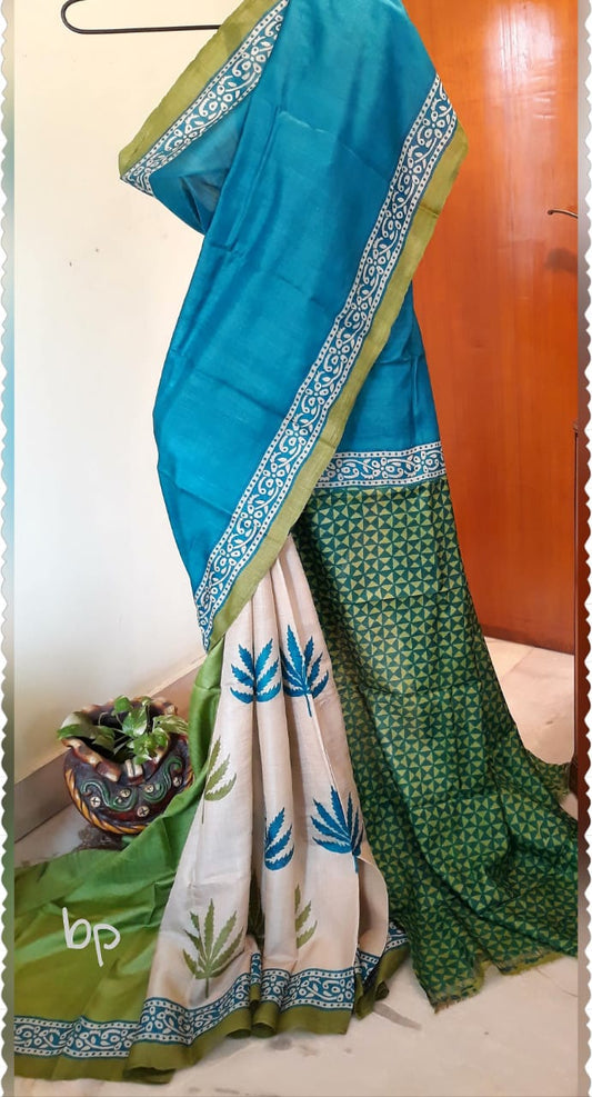 Blue  Block Printed Zari Border Pure Silk Mark Certified Tussar Silk Sarees - Dailybuyys