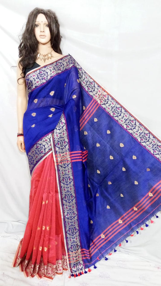 Red Blue Pure Cotton Silk Sarees - Dailybuyys