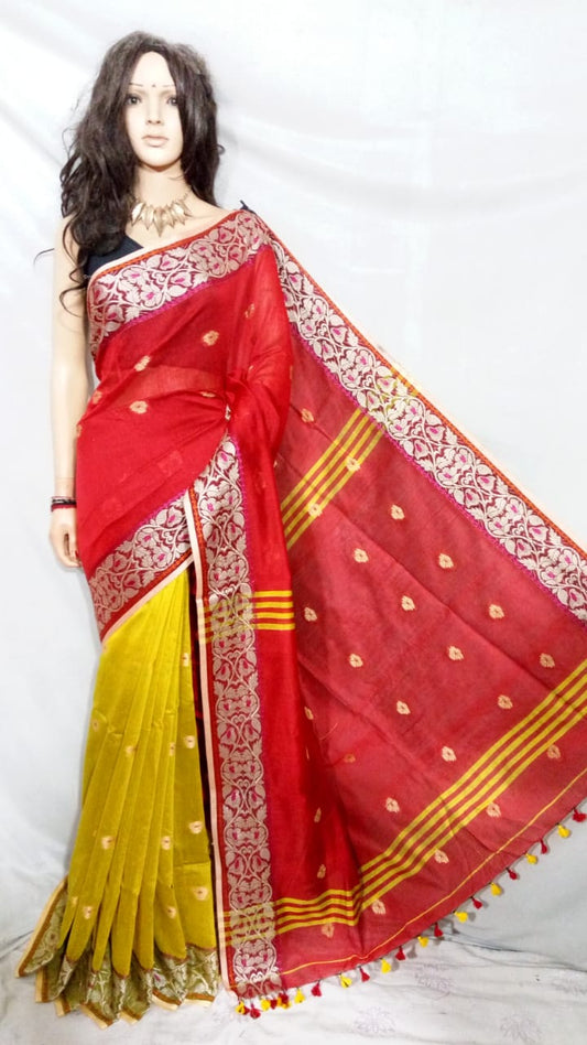 Yellow Red Pure Cotton Silk Sarees - Dailybuyys