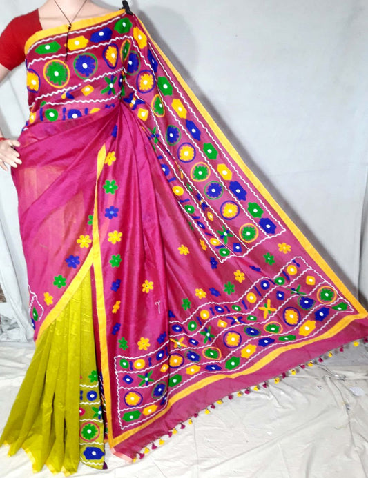 Purple Yellow Pure Cotton Silk Sarees - Dailybuyys