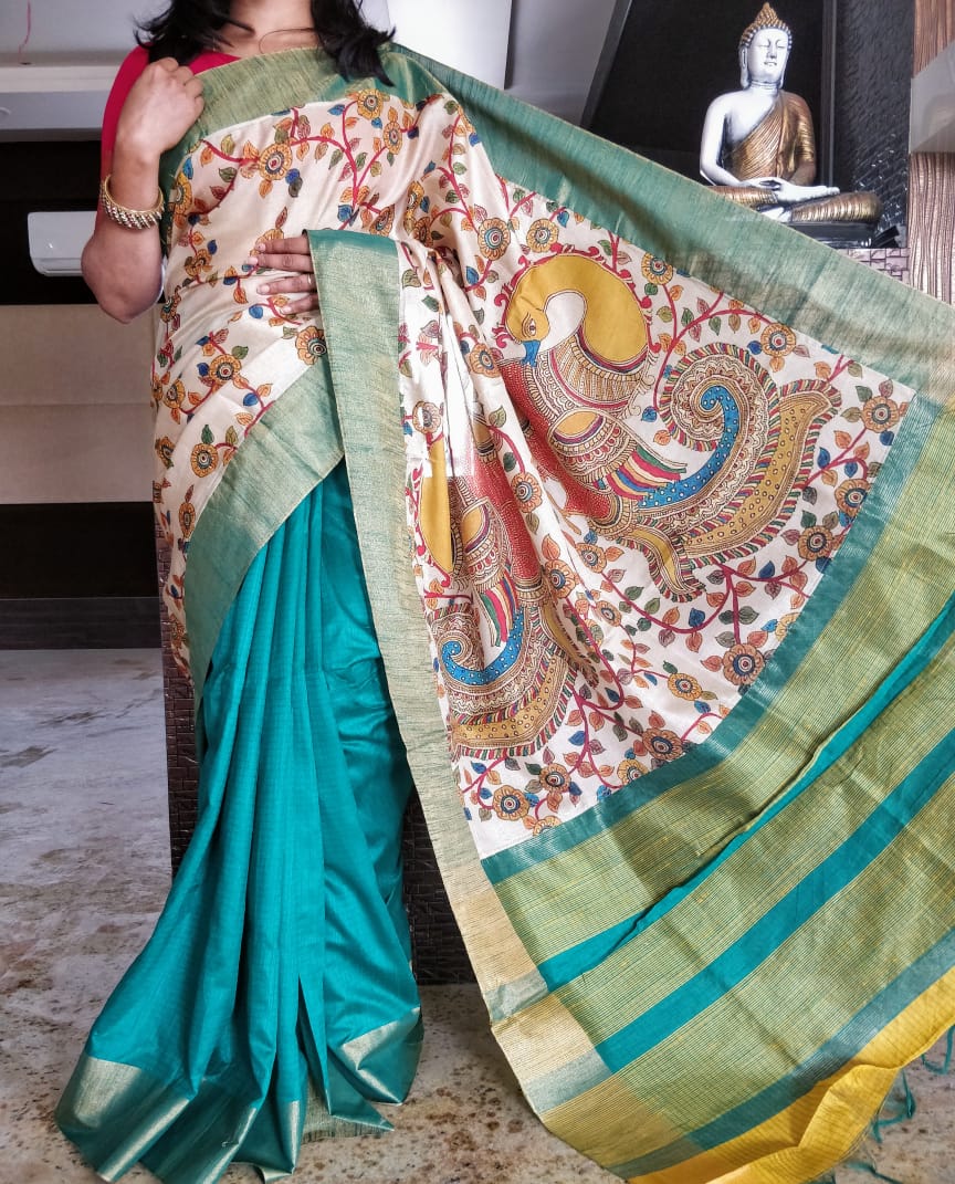 Blue Beige Kalamkari Tussar Silk Sarees - Dailybuyys