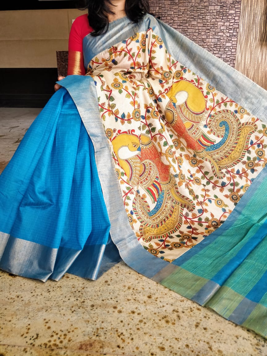 Blue Beige Kalamkari Tussar Silk Sarees