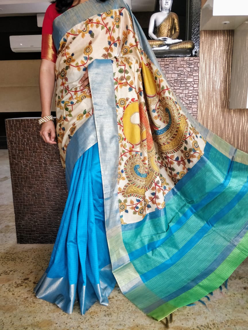 Blue Beige Kalamkari Tussar Silk Sarees